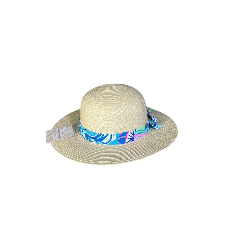NWT Tommy Bahama Youth Girls Straw Sun Hat With Colorful Printed Bow Accent